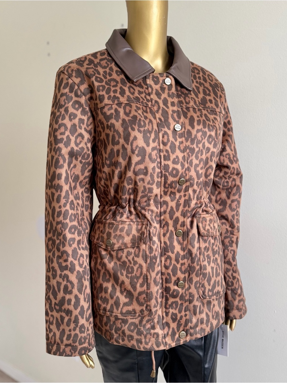 Steve Madden Leopard Print Utility Jacket with Faux Leather Collar